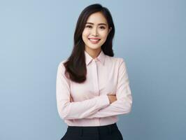 Smiling young woman of Asian descent dressed in elegant dress AI Generative photo