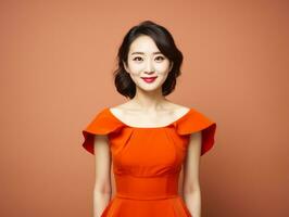 Smiling young woman of Asian descent dressed in elegant dress AI Generative photo