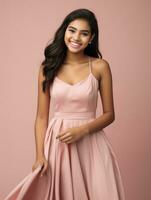 Smiling young woman of Asian descent dressed in elegant dress AI Generative photo