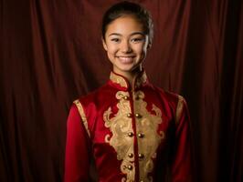 sonriente joven mujer de asiático descendencia vestido en elegante vestir ai generativo foto