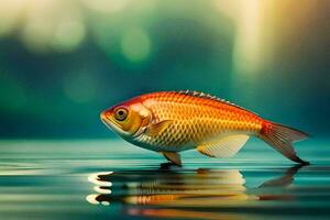 un pescado es en pie en el agua con un borroso antecedentes. generado por ai foto