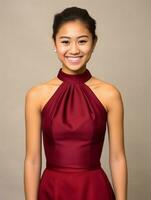 Smiling young woman of Asian descent dressed in elegant dress AI Generative photo