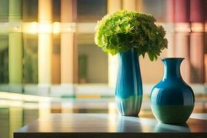 two vases with flowers on a table in front of a building. AI-Generated photo