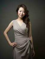 Smiling young woman of Asian descent dressed in elegant dress AI Generative photo