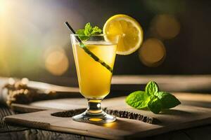 a lemonade with mint and lemon on a wooden table. AI-Generated photo