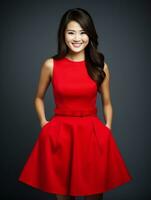 Smiling young woman of Asian descent dressed in elegant dress AI Generative photo