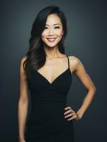 Smiling young woman of Asian descent dressed in elegant dress AI Generative photo