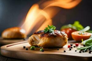 grilled chicken on a wooden cutting board with fire in the background. AI-Generated photo