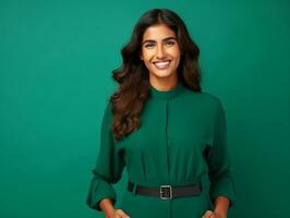 sonriente joven mujer de asiático descendencia vestido en elegante vestir ai generativo foto