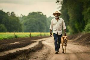 an older man walking his dog down a dirt road. AI-Generated photo