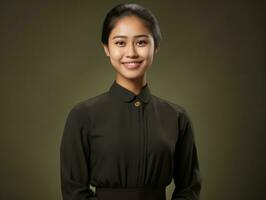 Smiling young woman of Asian descent dressed in elegant dress AI Generative photo