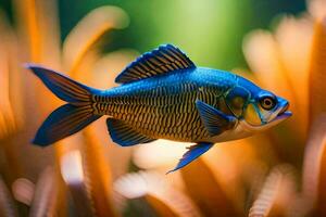 un azul y negro pescado nadando en un acuario. generado por ai foto