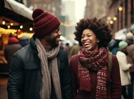 un Pareja participación manos mientras riendo y compartiendo un sombrero o gorro en invierno ciudad foto