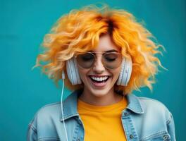 un joven dama posando con auriculares en azul antecedentes foto