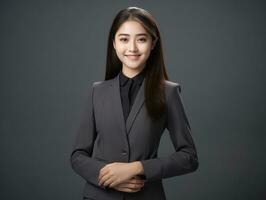 Smiling young woman of Asian descent dressed in elegant dress AI Generative photo