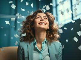un sonriente mujer contento en el oficina, en el estilo de polca puntos foto