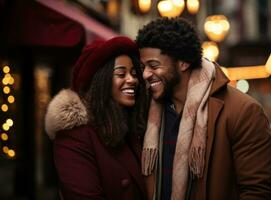 un Pareja participación manos mientras riendo y compartiendo un sombrero o gorro en invierno ciudad foto