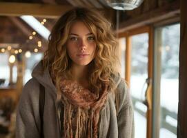 beautiful winter woman standing on a wooden porch photo