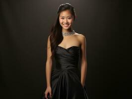 Smiling young woman of Asian descent dressed in elegant dress AI Generative photo