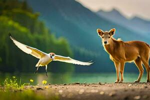 un ciervo y un pájaro en pie siguiente a cada otro. generado por ai foto