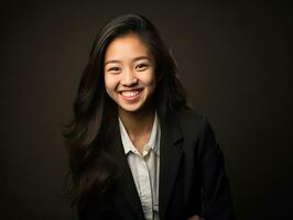 Smiling young woman of Asian descent dressed in elegant dress AI Generative photo