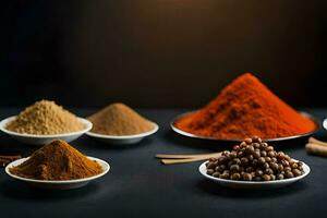 spices in bowls on a black background. AI-Generated photo