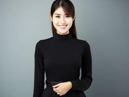 Smiling young woman of Asian descent dressed in elegant dress AI Generative photo