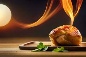 a piece of chicken on a wooden board with flames. AI-Generated photo