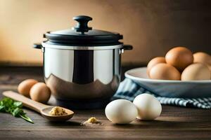 eggs and a pot of boiling water on a table. AI-Generated photo