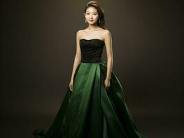 Smiling young woman of Asian descent dressed in elegant dress AI Generative photo