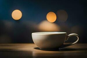 un café taza en un mesa con borroso luces. generado por ai foto