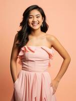 Smiling young woman of Asian descent dressed in elegant dress AI Generative photo