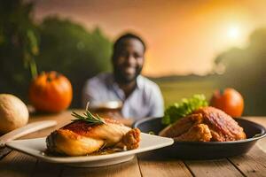 a man is sitting at a table with a plate of food and a plate of vegetables. AI-Generated photo