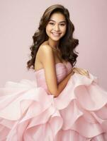 Smiling young woman of Asian descent dressed in elegant dress AI Generative photo