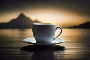 café taza en el mesa, montañas, agua, lago, hd fondo de pantalla. generado por ai foto