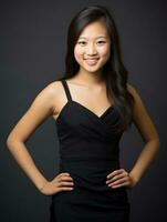 Smiling young woman of Asian descent dressed in elegant dress AI Generative photo