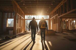 two construction workers working on a building photo