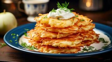 Latkes with sour cream and applesauce on blue plate photo