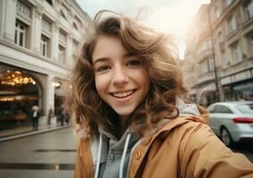 beautiful young lady taking selfie photo