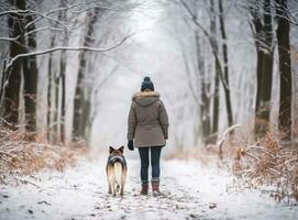 person walking her dog in a woods in snow photo