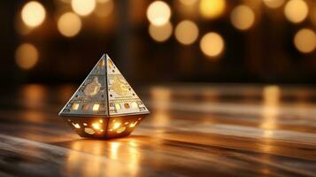 Dreidel spinning on wood floor with blurred lights photo