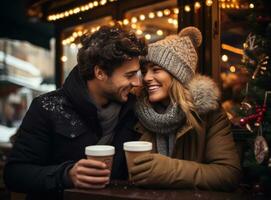 young couple drinking hot cocoa at market with ornaments photo