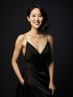 Smiling young woman of Asian descent dressed in elegant dress AI Generative photo