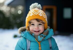 a little boy wearing an orange hat in front of blue background making snowflakes photo