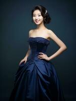 Smiling young woman of Asian descent dressed in elegant dress AI Generative photo