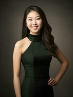 Smiling young woman of Asian descent dressed in elegant dress AI Generative photo