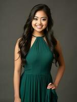 Smiling young woman of Asian descent dressed in elegant dress AI Generative photo