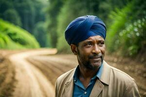 a man in a turban standing on a dirt road. AI-Generated photo