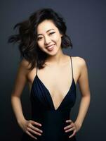 sonriente joven mujer de asiático descendencia vestido en elegante vestir ai generativo foto