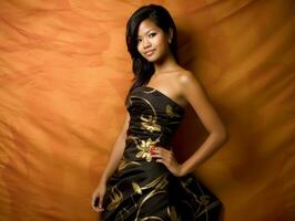 Smiling young woman of Asian descent dressed in elegant dress AI Generative photo